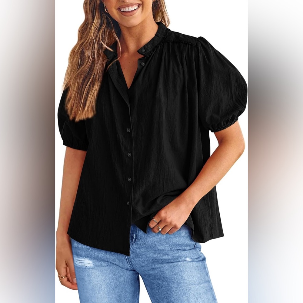Black Puff Sleeve Button-Down Top